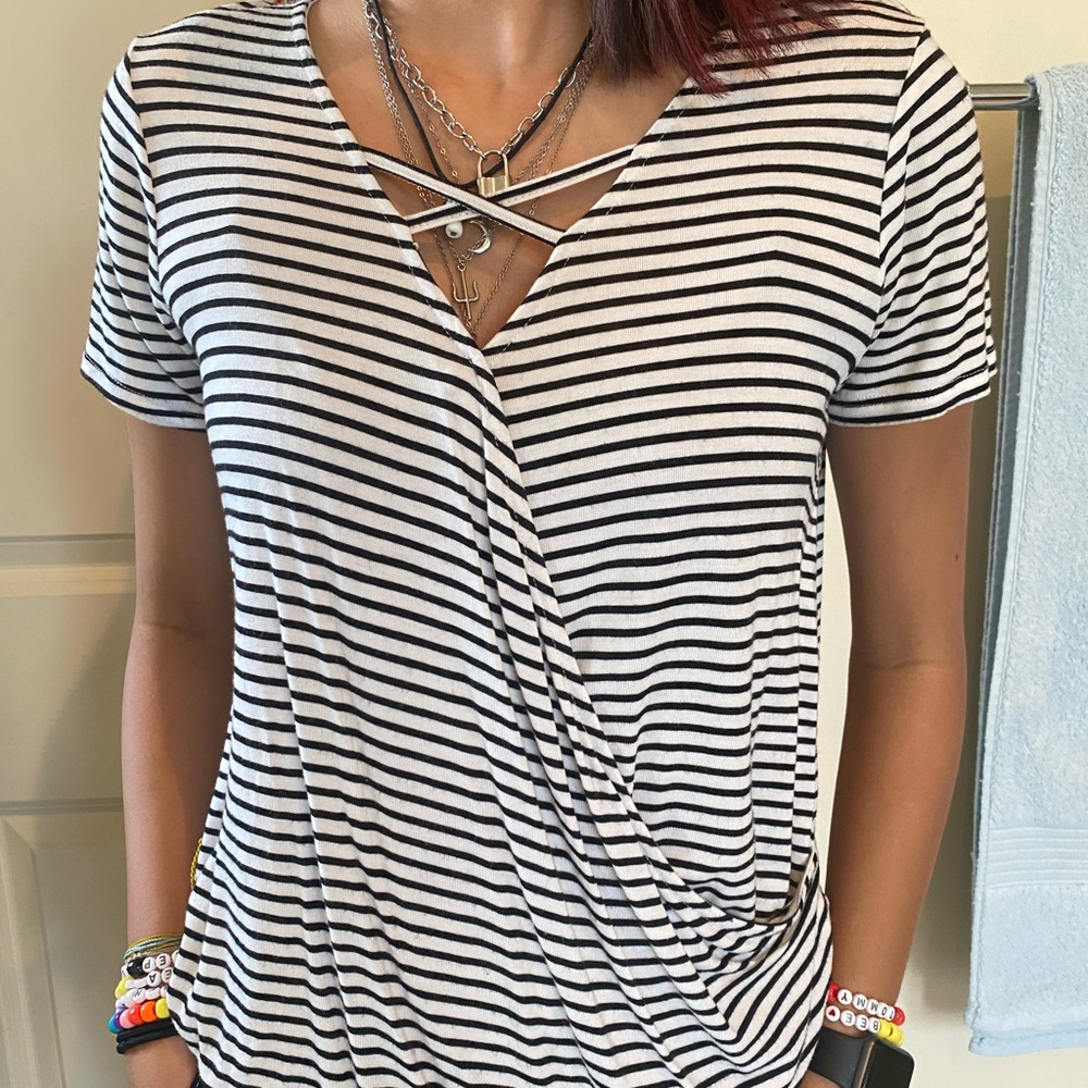 Black and White Striped V-Neck Blouse